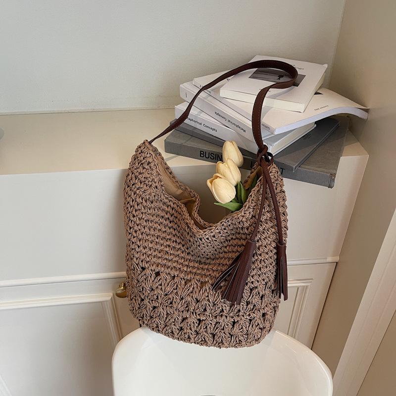 

Yogodlns High Quality Causal Straw Woven Bag Travel Large Capacity Shopper Totes Spring Summer Woven Shoulder Bag 36x13x29cm