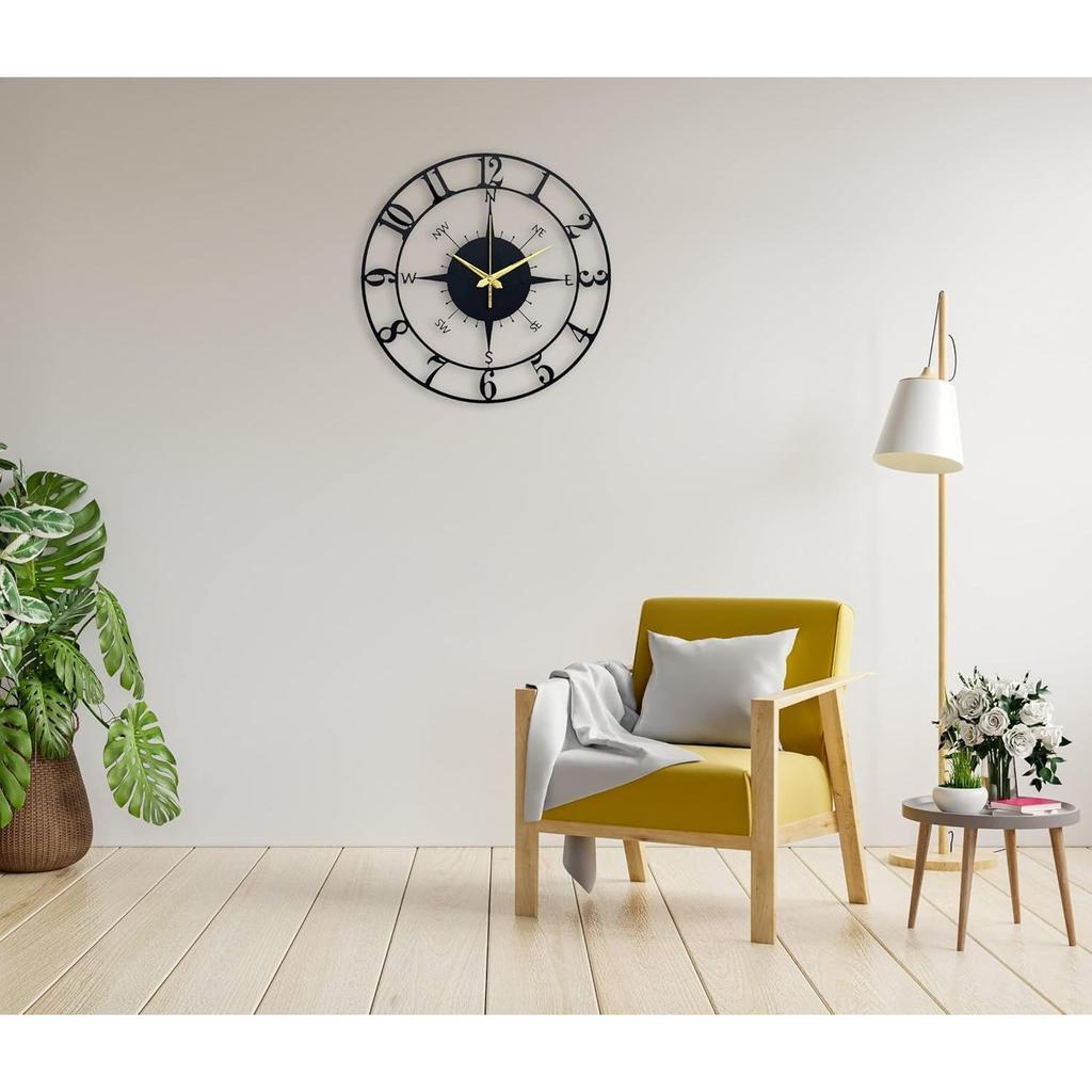 Large World Map Wall Clock, Metal Minimalist Modern Clock, Round Silent Non-Ticking Battery Operated Wall Clocks for Living Room / Home