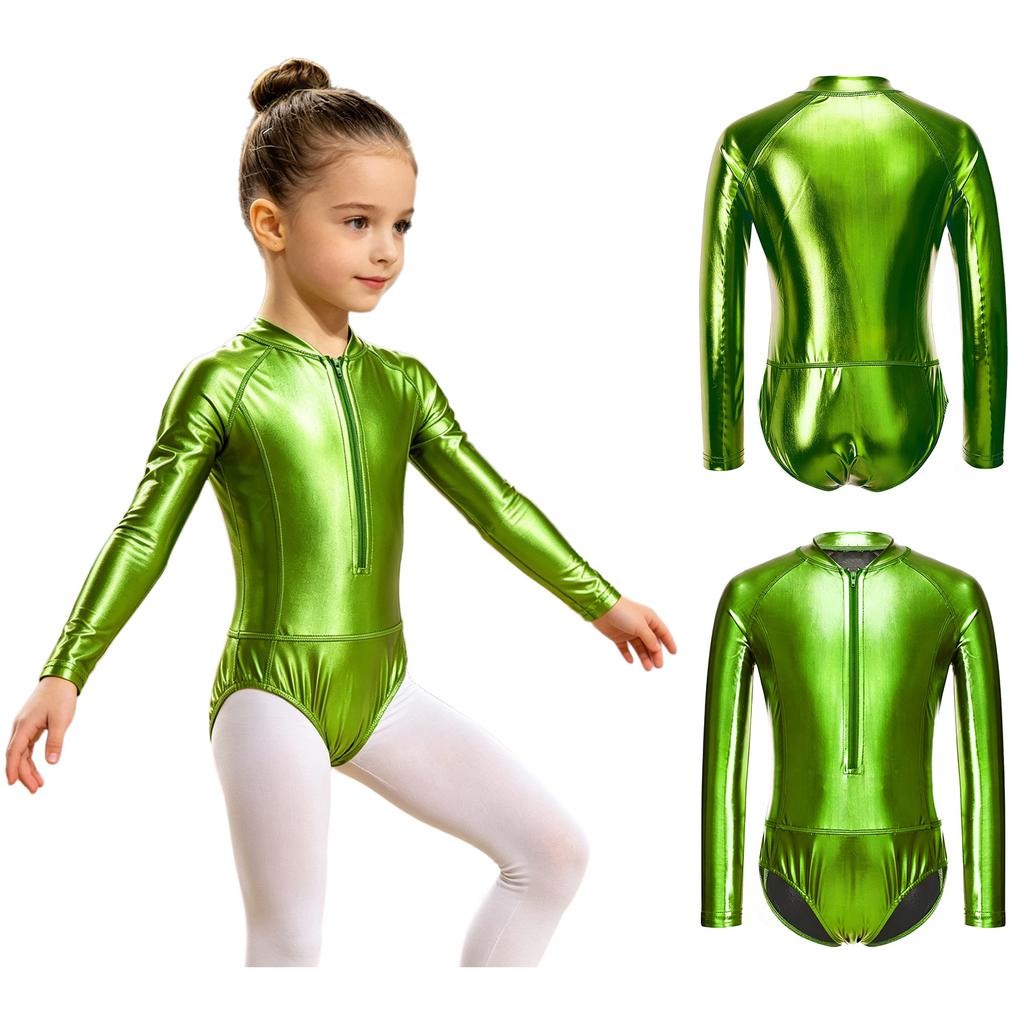 Kids Girls Zipper Metallic Leotard Long Sleeve Shiny Bodysuit for Jazz Dance Stage Performance Cosplay Theme Party Costume