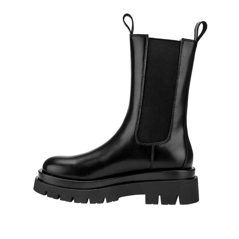 Cowhide Version~ Genuine Leather Thick-soled Heightening Martin Boots Women's British Style Thick-soled Medium Tube Cigarette Women's Boots Chelsea