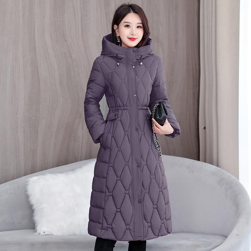 European Station Fattening Plus XL Large Size Waist Fashion Cotton Clothes Women's Knee Long Rhombus Thickened Warm Cotton Clothes