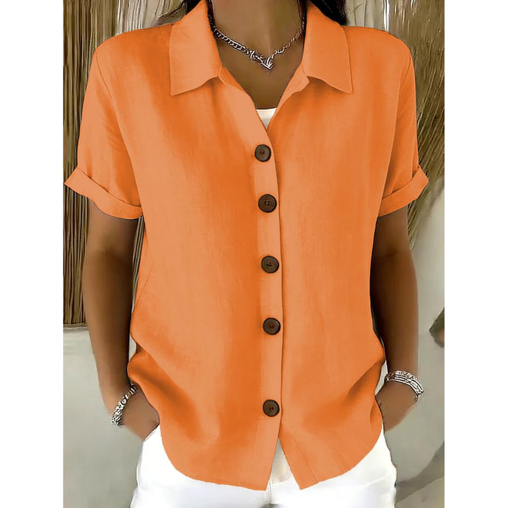 Women's Elegant Summer Cotton Linen Tops Short Sleeve Lapel Button Up Solid Color Loose Shirt Women Casual Blouse Cardigan Tops