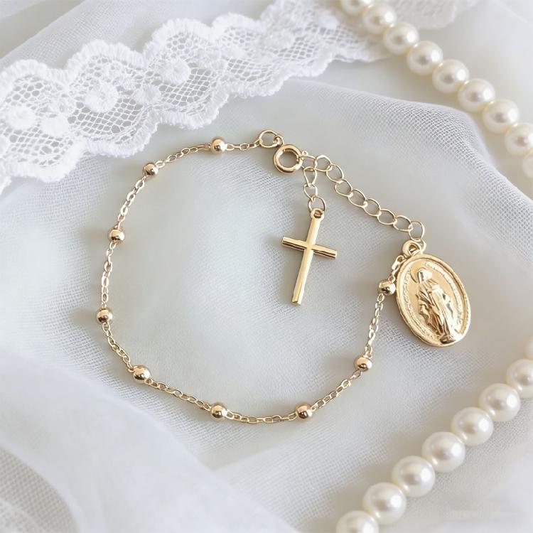 Bracciale Portatile con Croce e Perline della Vergine con Catena di Estensione da 5 cm