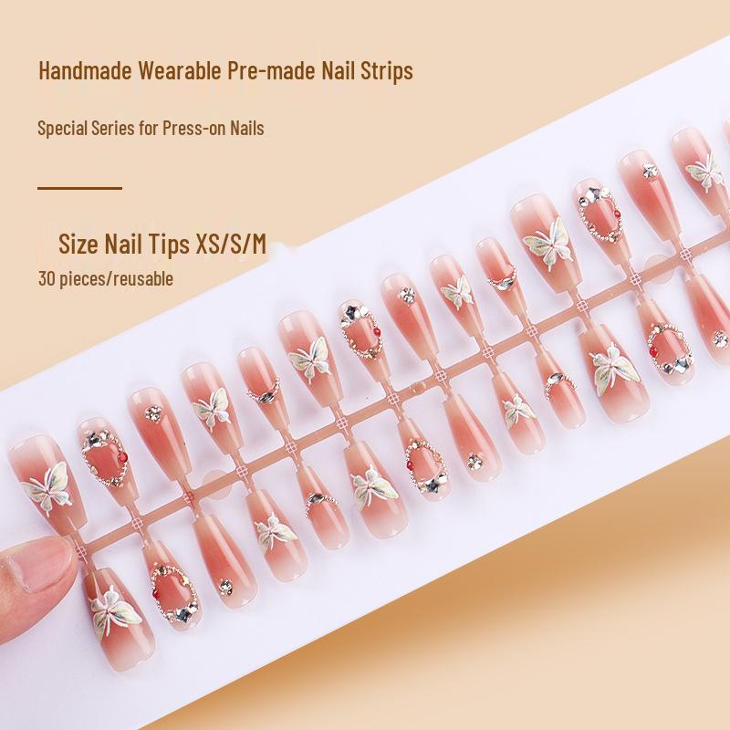 

Blush Cat Eye Press-on Nails with Rhinestone Butterfly - Handmade Nail Art Pieces