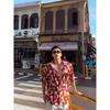 Men's Summer Casual Short Sleeve Shirts Red Leaf Print Lapel Button Down Loose Fit Breathable Hawaiian Beach Streetwear Tops