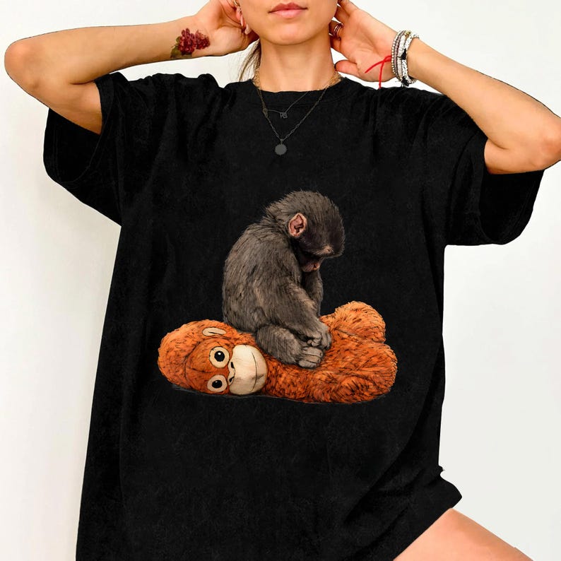 Baby Monkey Punch TShirt Baby Monkey Holding Plush Toy Shirt M