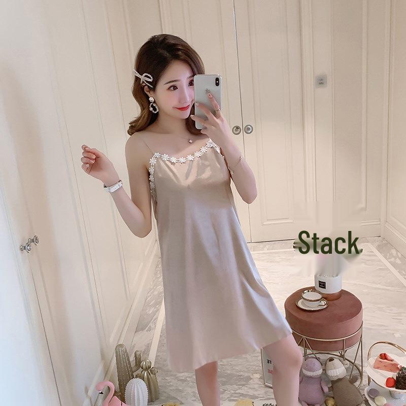 Sladká a roztomilá dívčí letní slim fit krajková hedvábná noční košilka