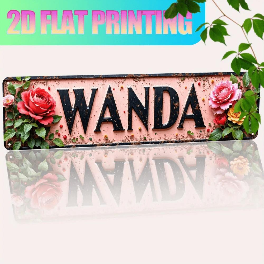 Vintage WANDA Metal Wall Sign, Rustic Pink & Burgundy Rose, 2D Flat Farmhouse Decor, Durable Aluminum Finish