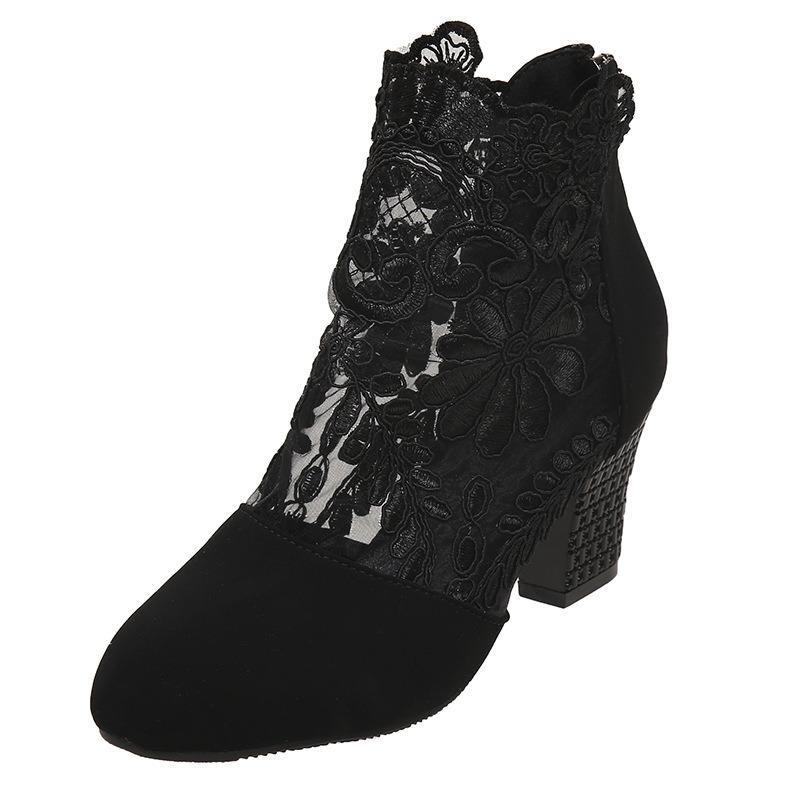 Lace Mesh Thick Heel High Heel Sandals Women's Spring and Summer Large Size Breathable Fashion Round Head Boots Fashion Short Boots