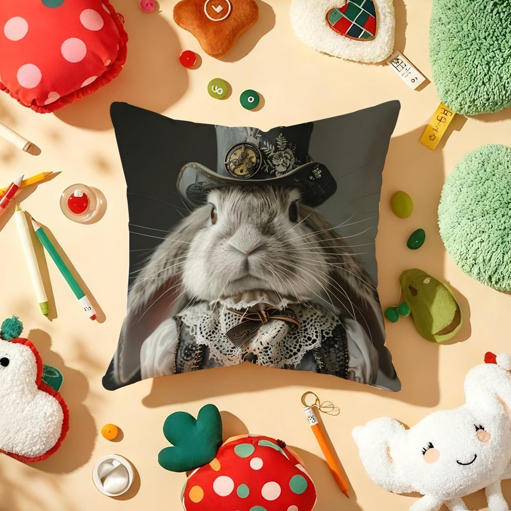 Rabbit Portrait Renaissance Cushion Cover Plush Fabric Soft DoubleSided Printed Sofa Warm Winter Home Gift Pillow Cover