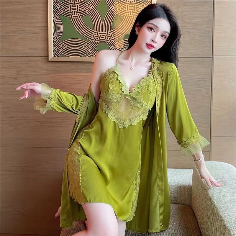 Sexy Suspender Nightgown New Female Xia Chunyi Wind Ice Silk Backless Hollowed-out Erotic Underwear Pajamas Two-piece Set