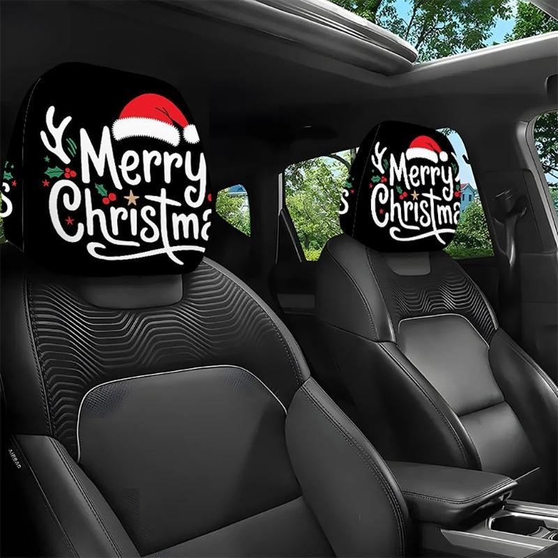 Holiday Car Headrest Cover Set, Slip On Polyester Fabric Washable for Christmas Cabin Style, Daily Driving, and Family Cars