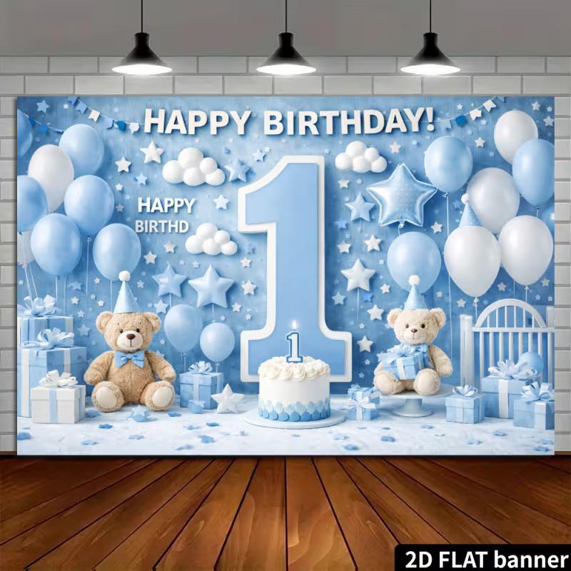 2D Little Prince 1st Birthday Backdrop - Blue Teddy Bear Banner for Boys 1st Birthday Photoshoot