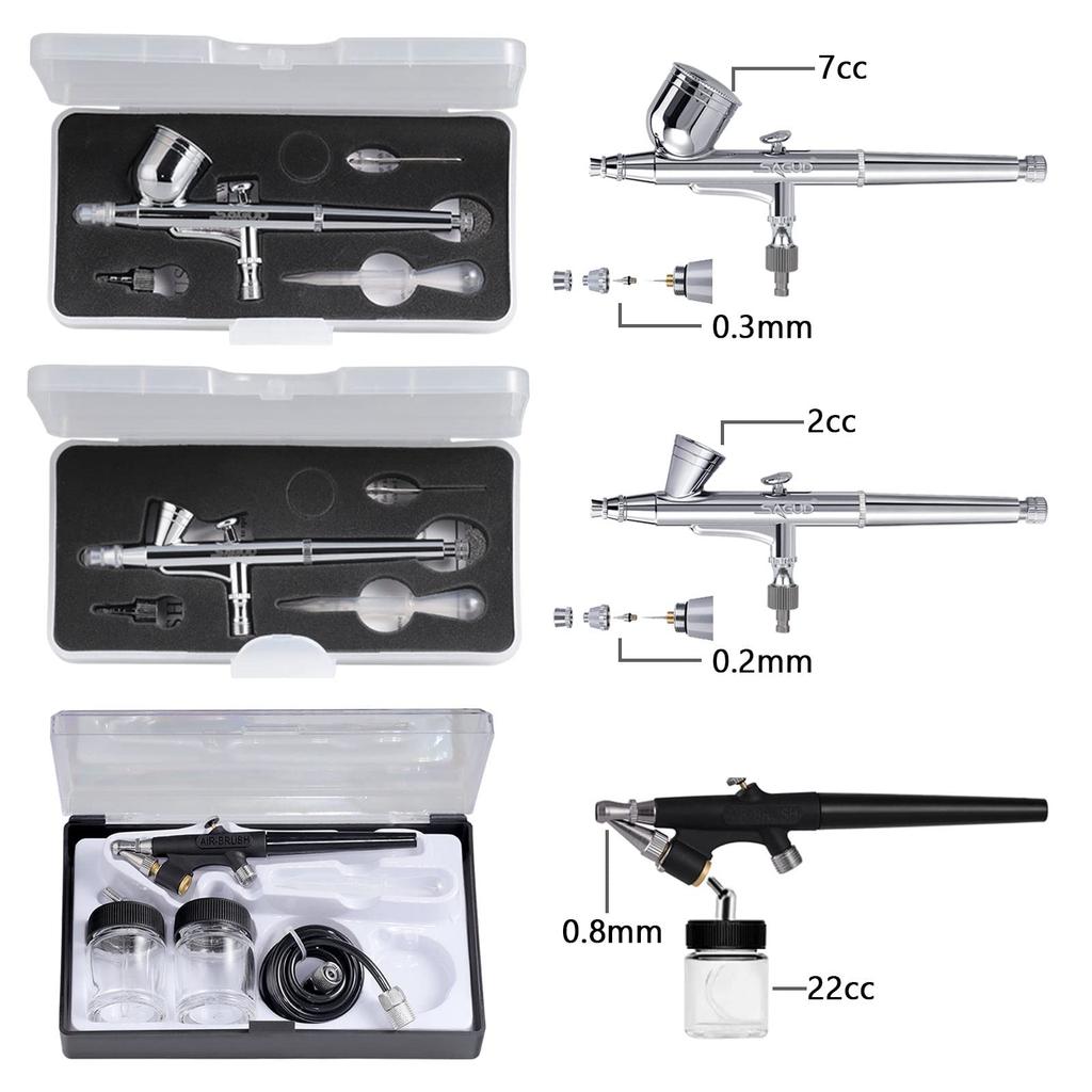 SAGUD Airbrush Kit (Compressor Included, 3 Airbrushes: 0.2mm, 0.3mm, 0.8mm) and Airbrush Accessory Cleaning Kit