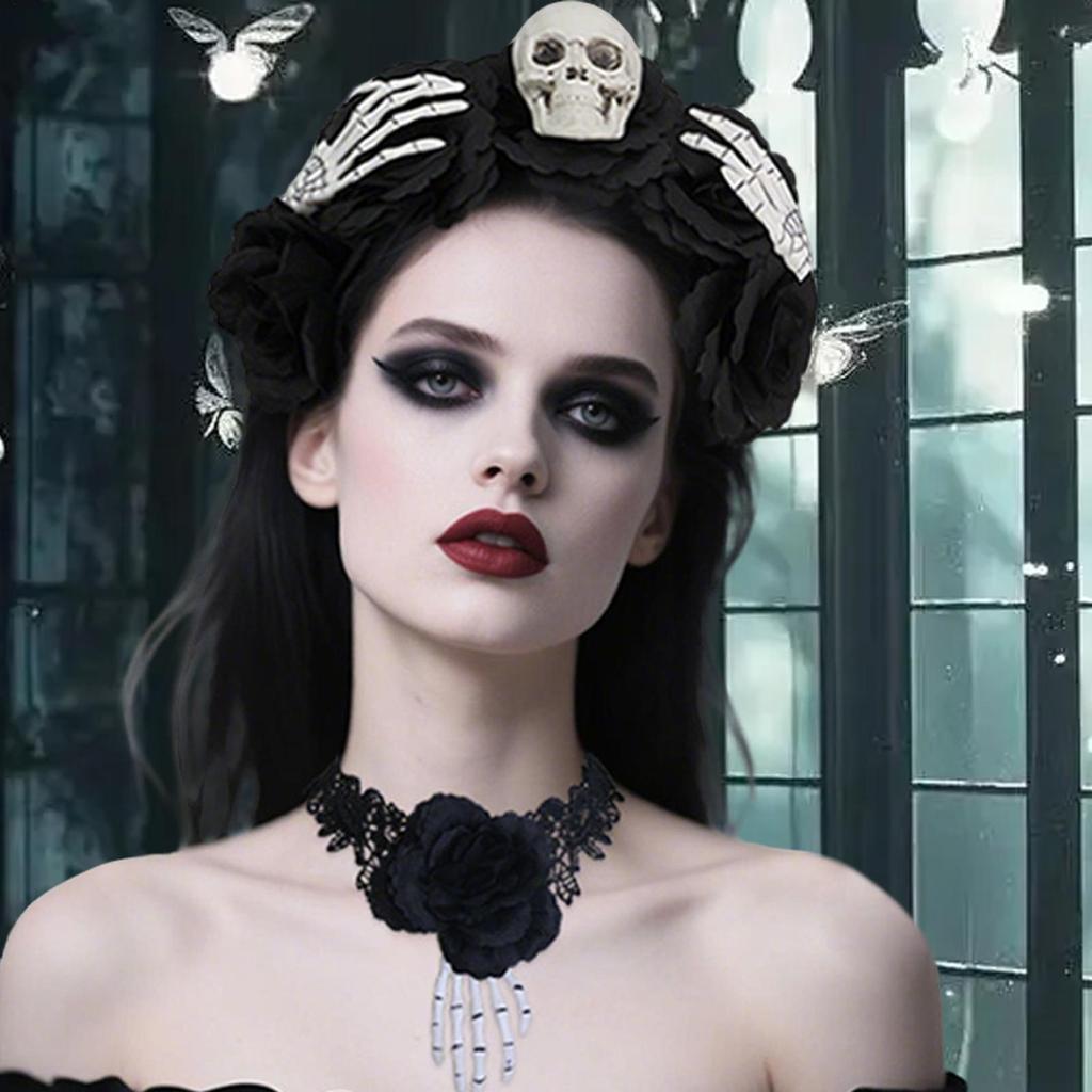 Gothic Lace Necklace Black Hair Hoop Gothic Lace Choker Soft Goth Headdress Halloween Cosplay Supplies For Theme Events Holidays
