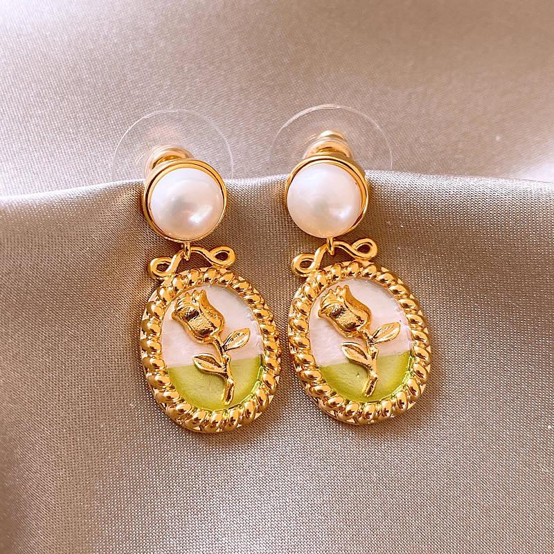 Monet Garden Style Oil Painting Baroque Pearl Earrings - French Court Inspired Light Luxury Accessories