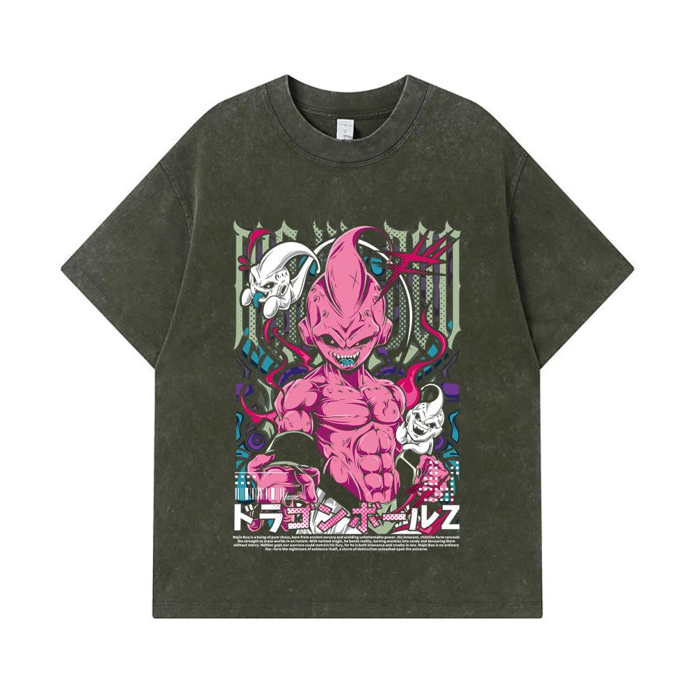 

275 GSM Washed T-shirts 100% Cotton Dragon Ball V67 Majin Buu Print Unisex Heavy Cotton T Shirt S армия зеленый
