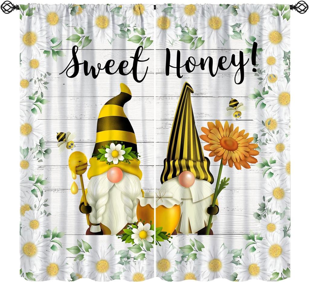 Rustic Honey Bee Curtains Honeycomb Daisy Floral Window Treatments Insulated Drapes Panel Sets Curtain With Rod Pocket Thermal Polyester