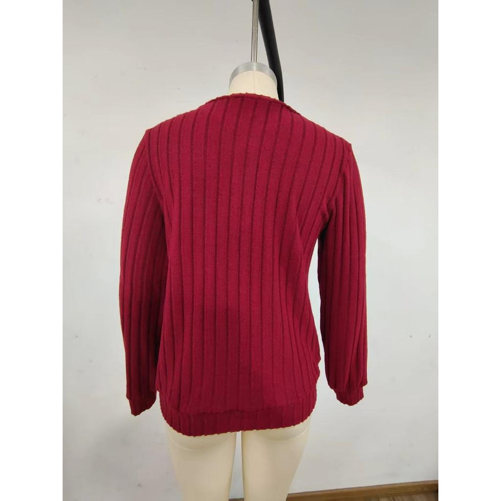 Høst og Vinter Dame Strikket Ribbestrikket Ensfarget Stoff Glidelås Langermet Dame T-skjorte