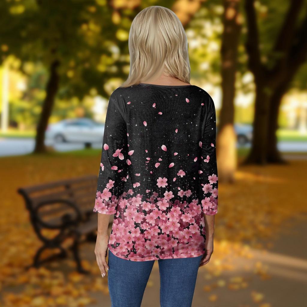 Women's T Shirt Tee Print Button 3/4 Sleeve Daily Weekend Fashion Basic V- Neck Regular Top