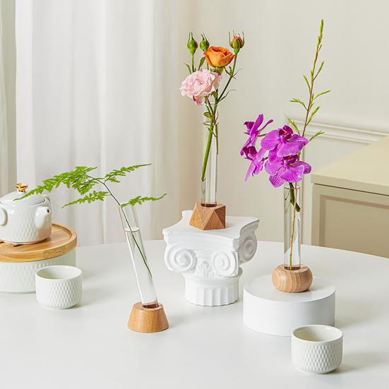 Skleněná váza zkumavka Hydroponická váza s dřevěným stojanem Stolní průhledná trubková váza na rostliny a řezané květiny Květinové aranžmá