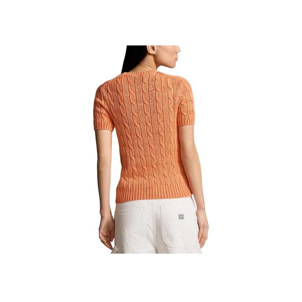 Polo Ralph Lauren Solid Color Crew Neck Logo Embroidered Cable Knit Short Sleeve Sweater Women Tops Orange 211910987-016