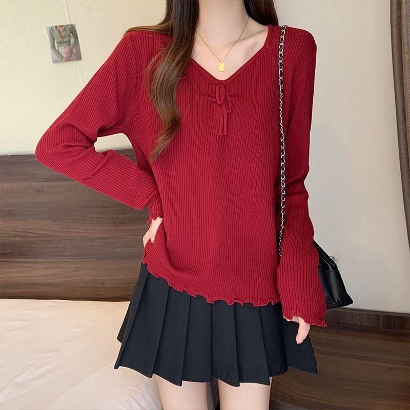 Women's Slimming V-Neck Long Sleeve Knitted Sweater, Plus Size, Versatile French Style, 2025 Autumn Collection.