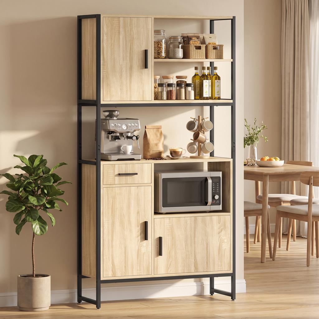 High Kitchen Buffet, 3 Soft-Close Doors, Drawer, Worktop, Open Shelves, Natural