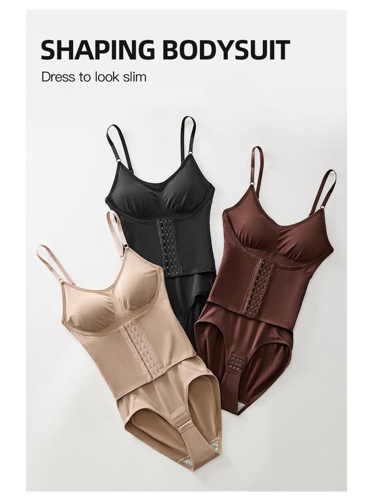 Strappy Shaping Bodysuit with Breast Pads - Bust Support, Tummy Control, Hip Lift, Double-breasted, Triangle Open Crotch Design.