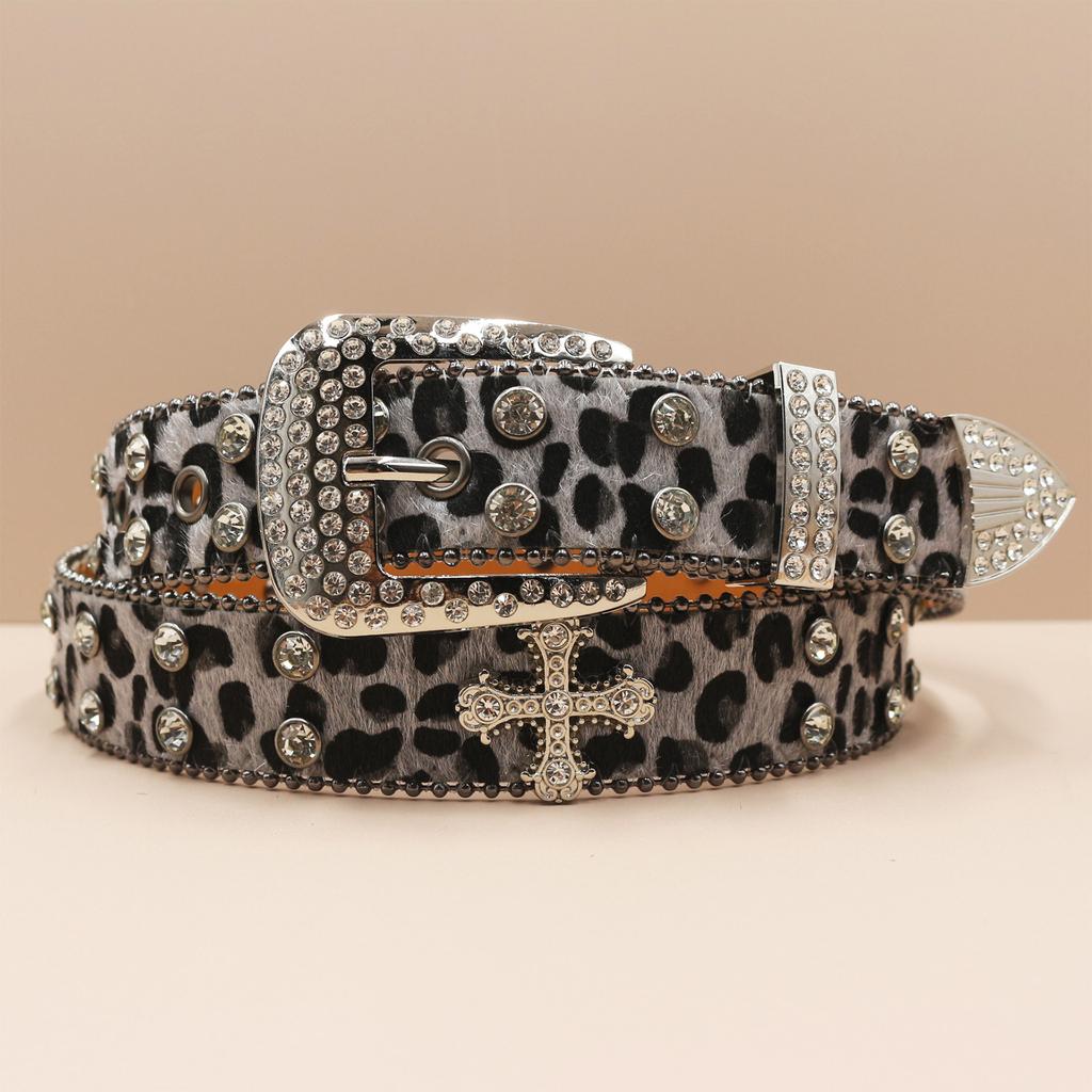 Cross Belt Leopard Print Western Rhinestone Belt Personalized Denim Woman Rivet Jeans Belt