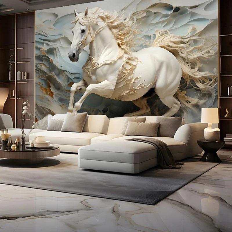 Modern Photo Wallpaper White Horse Stone Relief Mural Living Room Bedroom Background Wall Painting Home Decor
