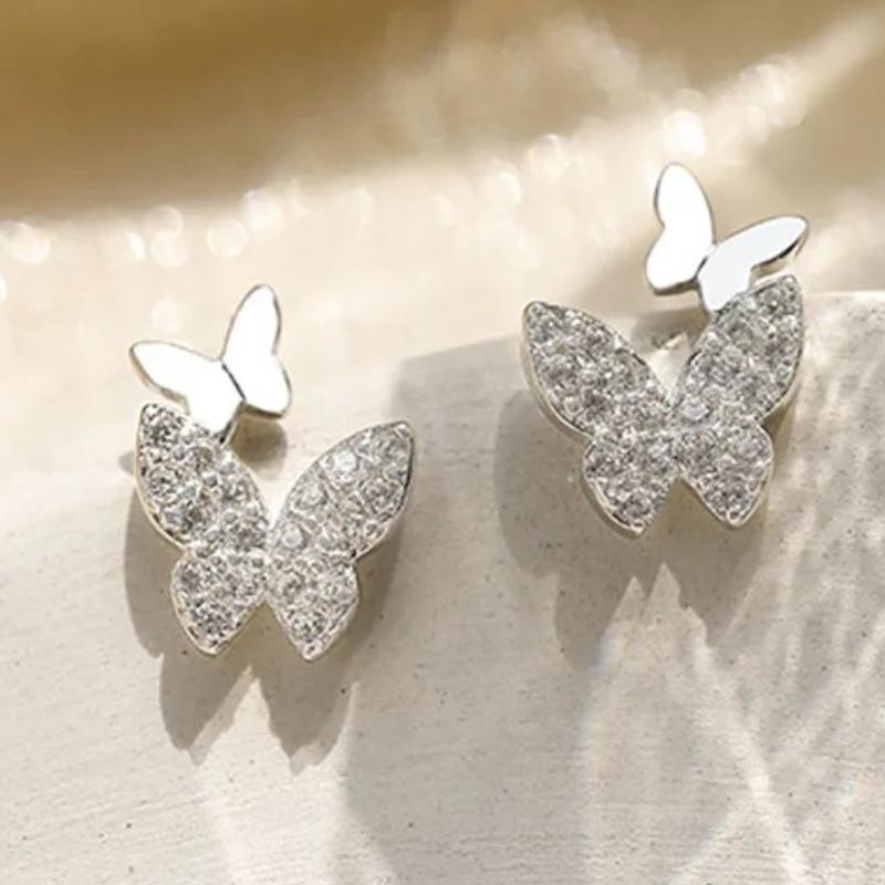 Simple Earrings 925 Sterling Silver Double Butterfly Earrings Shiny Zircon Double Bow Allergenic Pendientes Needle Fine Jewelry