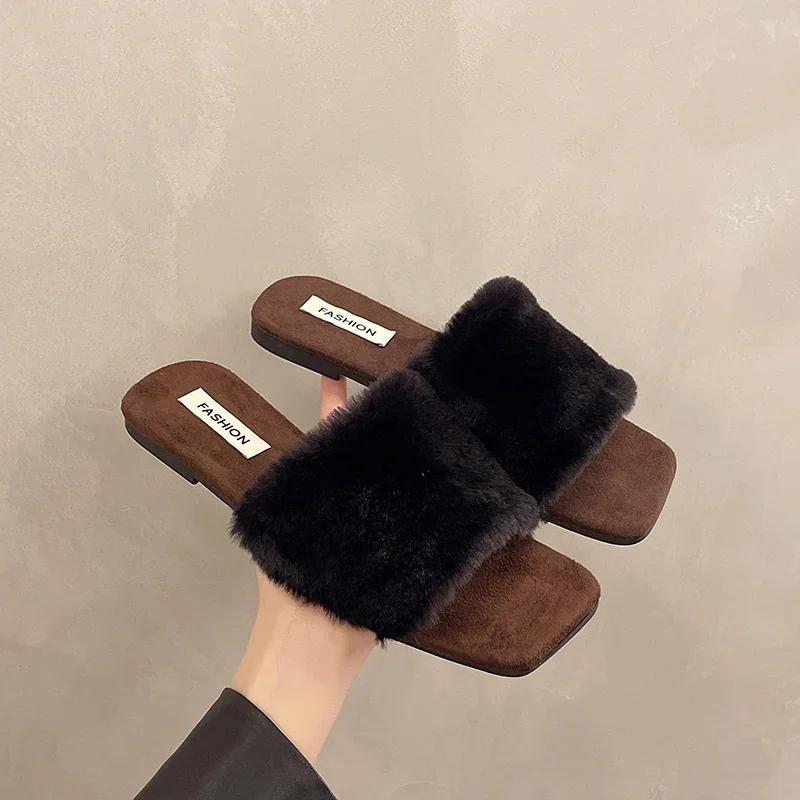 Fashion Women's Shoes 2025 High Quality Open Toe Women's Slippers Warm Casual Slippers Women Square Toe Flat with Shoes Female Zapatos