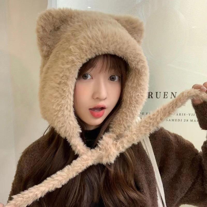 Cute Plush Bear Ears Hat Female Autumn and Winter Warm Ear Protection Big Head Circumference Shows a Small Tide