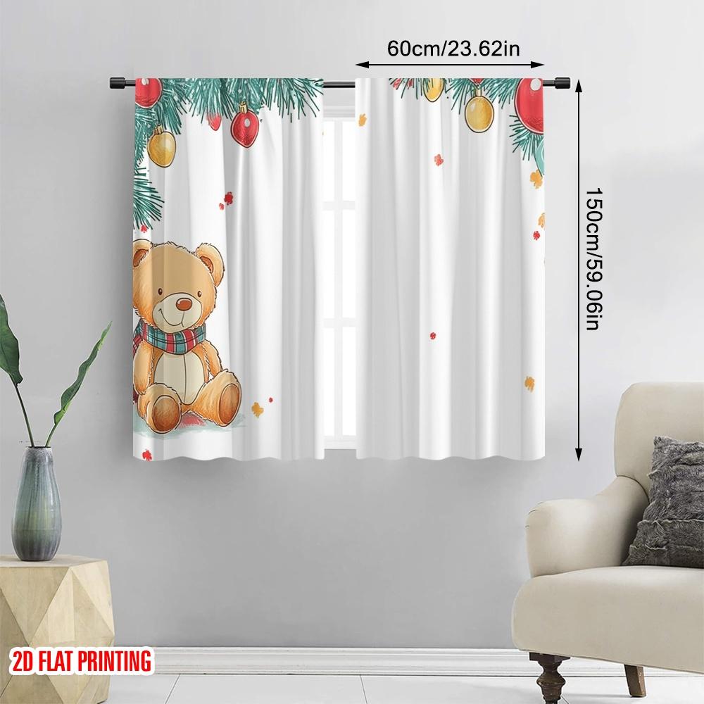 2pcs,2D plane printing Creative Curtains Christmas bear festive card (2) Versatile Polyester Fabric (without rod) Home Decor
