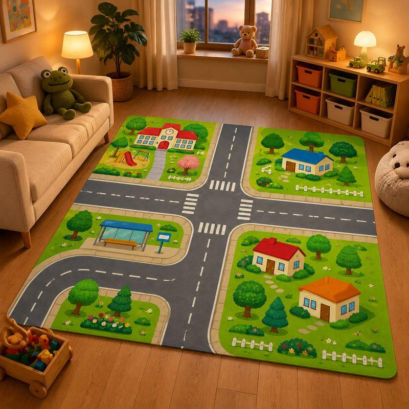Kids Traffic Play Rug Bedroom Living Room Carpet,Town Game Cutecore Room Decor Children Floor Mat Home Decor Home Garden