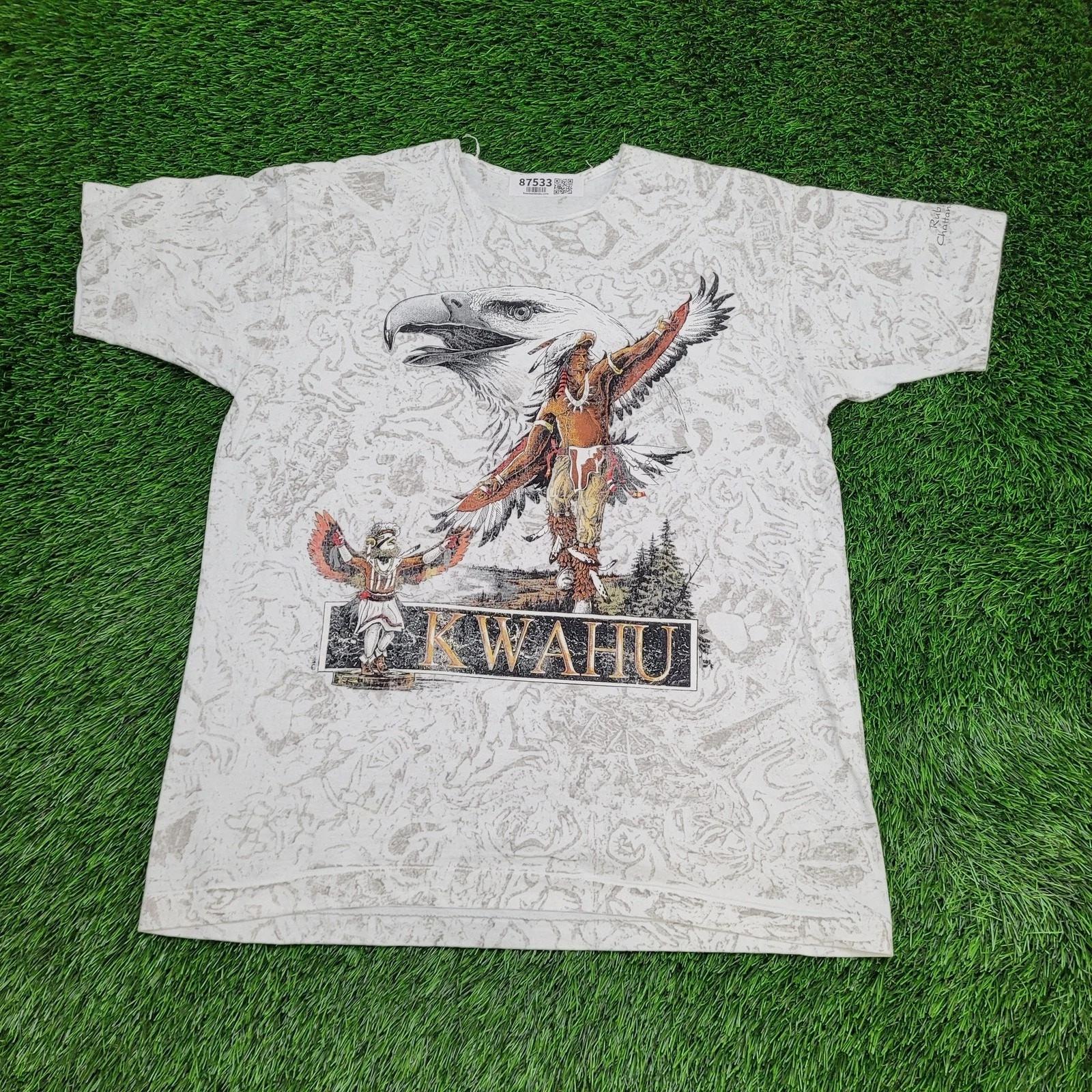 Vintage 90s Native-American Kwahu Shirt L/XL 23x29 White Gray S
