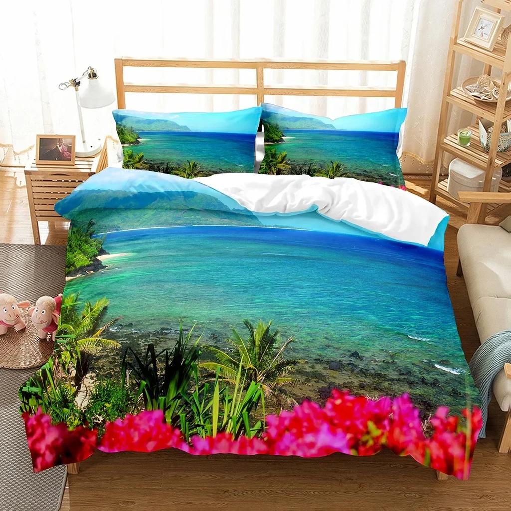 Hawaii Strand Meer Sommer Thema Bequemer Bettdeckenbezug Steppdecke Kissenbezug Bettwäscheset Kinder Schlafzimmer Dekoration Heimtextilien