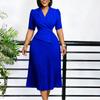 Women's Lapel Collar Three Quarter Sleeve Midi Pleated Dress Fitted High Waist Elegant Solid Office Commute Dress