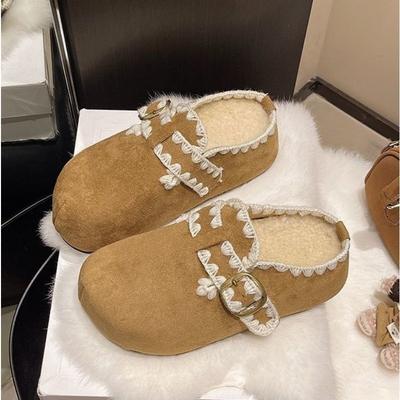 Fleece Warm One-pedal Height-increasing Slippers Autumn Women Wear Thick-soled Birkenstock Wool Cotton Slippers