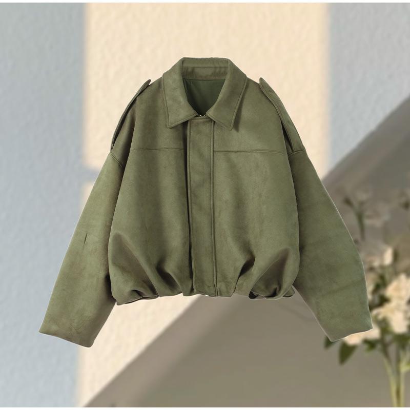 

Весенняя женская зеленая замшевая короткая куртка со свободными лацканами и молнией, длинный рукав, бомбер, женская, 2025, новинка, женская уличная верхняя одежда S зелёный