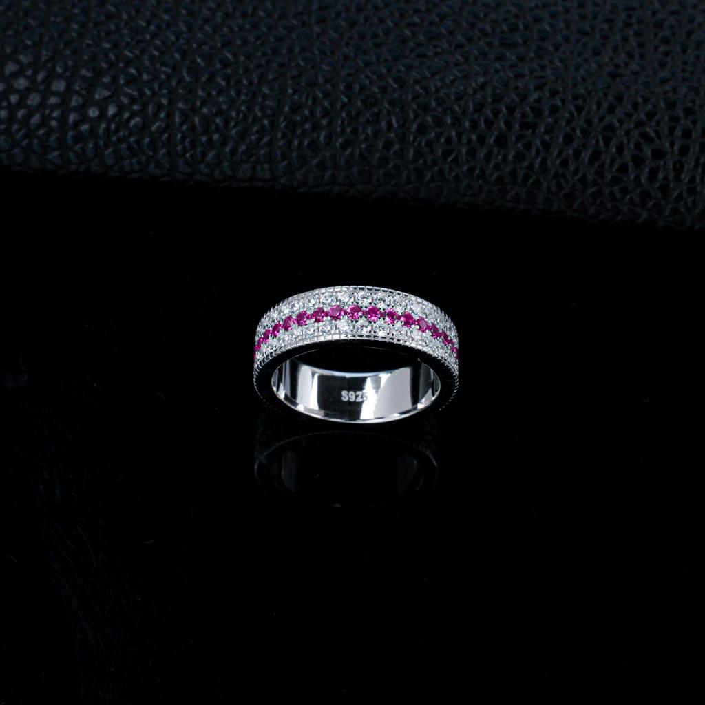 Wide S925 Silver Ruby Band Ring - Full Inlaid Rubies on Both Sides, European and American Style, Couple Light Luxury Design