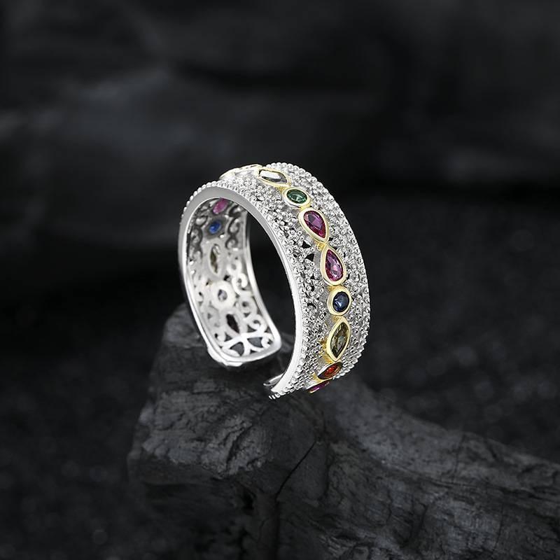 Stylish Geometric Copper Ring For Women Featuring Colorful Zirconia And Vintage Charm