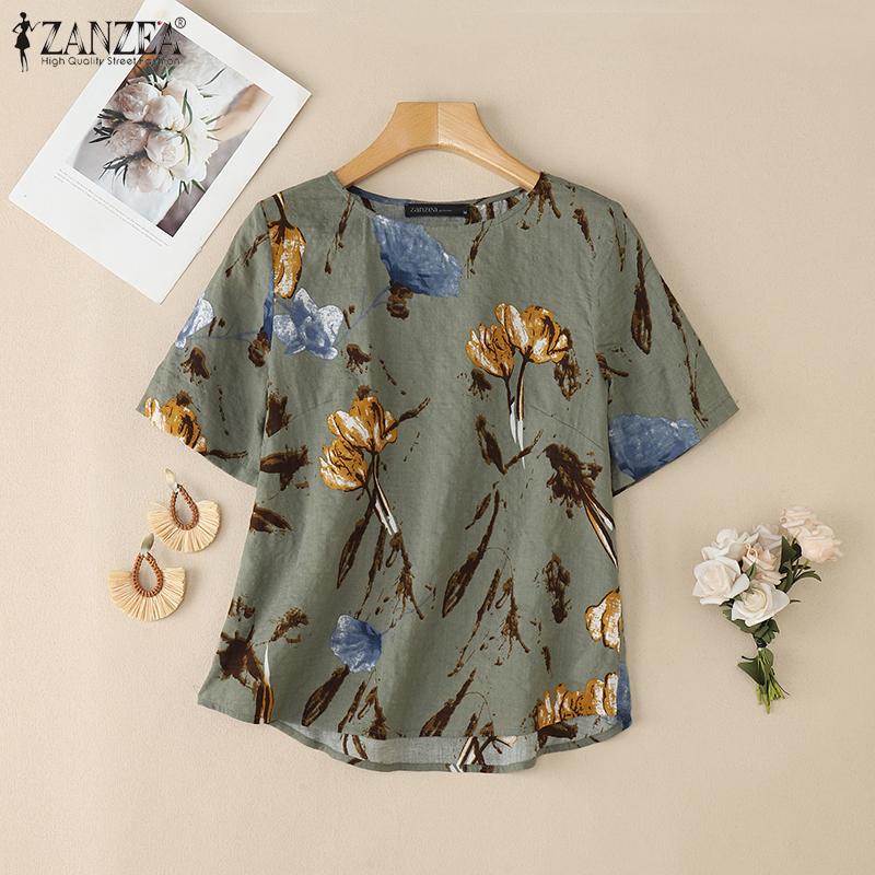 

ZANZEA Жіноча повсякденна літня блузка з принтом із коротким рукавом і круглим вирізом 5XL зелений
