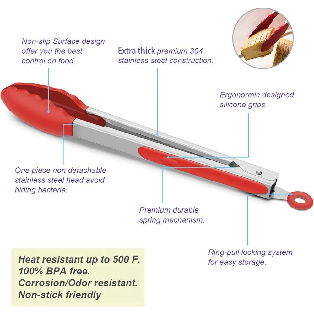 7/9/12 Inch Red Kitchen Tongs, High Quality Silicone, BPA Free, Non-stick, Stainless Steel BBQ Cooking Grill Lock Food Tongs