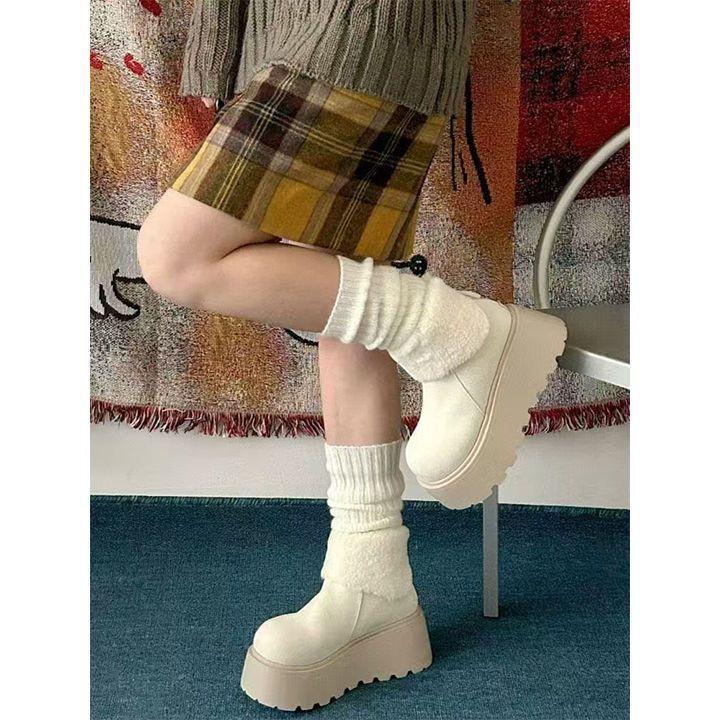 Fleece, Thickened and Heightened Muffin Ice Boots 2025 Winter New British Style Thick-soled Comfortable Cotton Shoes Integrated To Keep Warm
