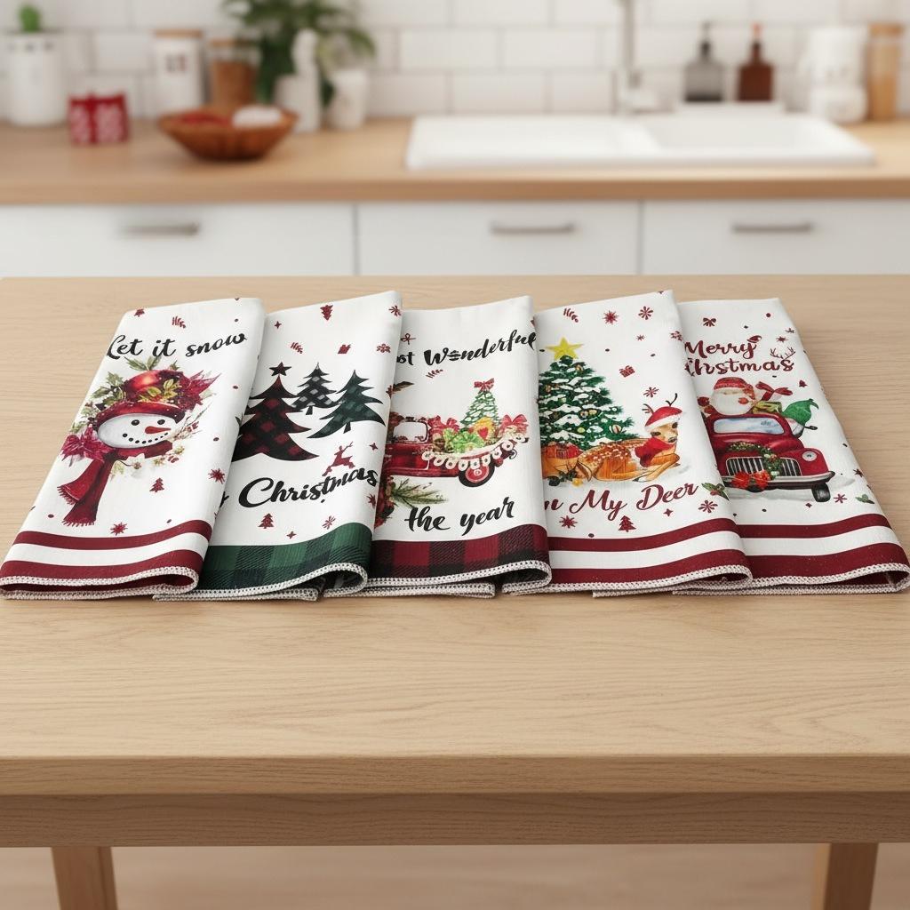 5PCS Christmas Hand Towels – Soft Absorbent Cartoon Xmas Pattern Towels for Kitchen, Bathroom & Holiday Home Decor