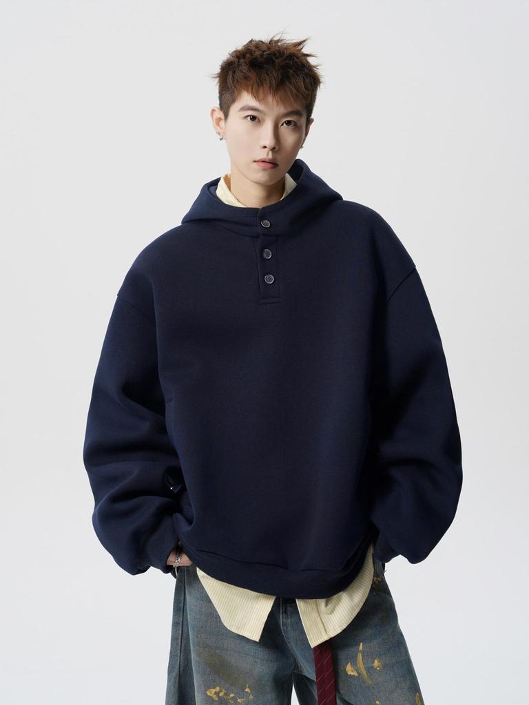 Unisex Retro Heavyweight Fleece-Lined Button-Up Hoodie: Trendy and Loose Fit