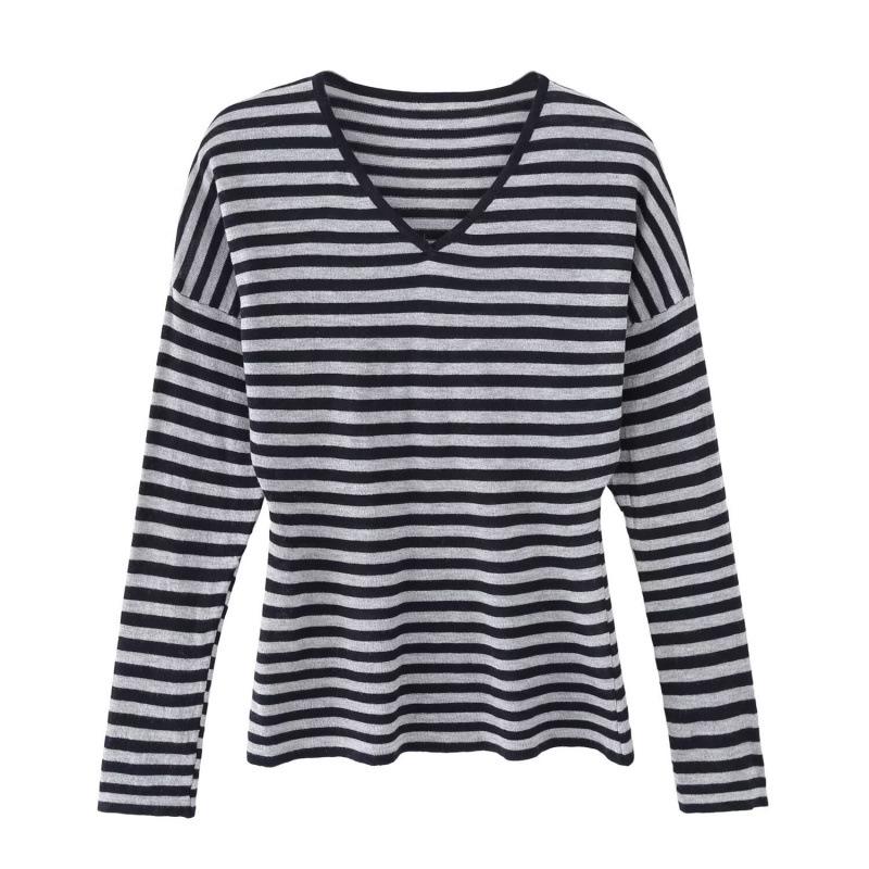 Autumn French Retro V-Neck Batwing Sleeve Striped Loose Sweater Top