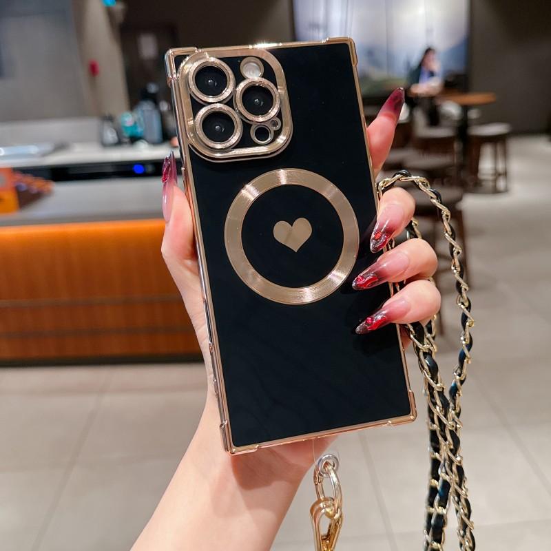 

Case For iPhone 17 16 Pro Max 13 14 15 Plus Plating Metal Leather Chain Crossbody Strap Lanyard Shockproof Magnetic Square Cover for iPhone 16
